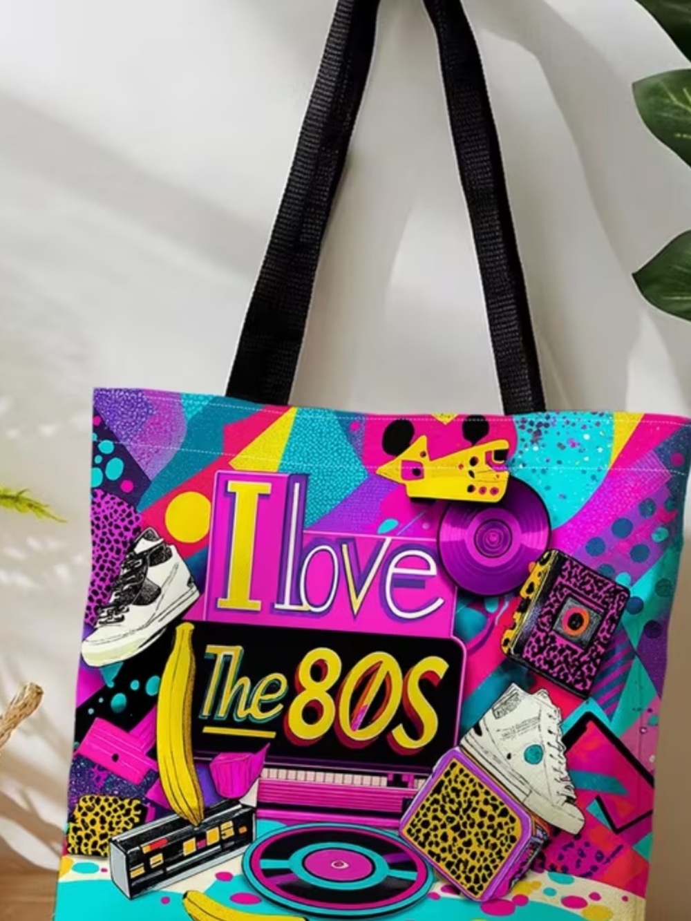 I Love The 80s Colorful Graphic Tote Bag - Multicolor with Black Handles